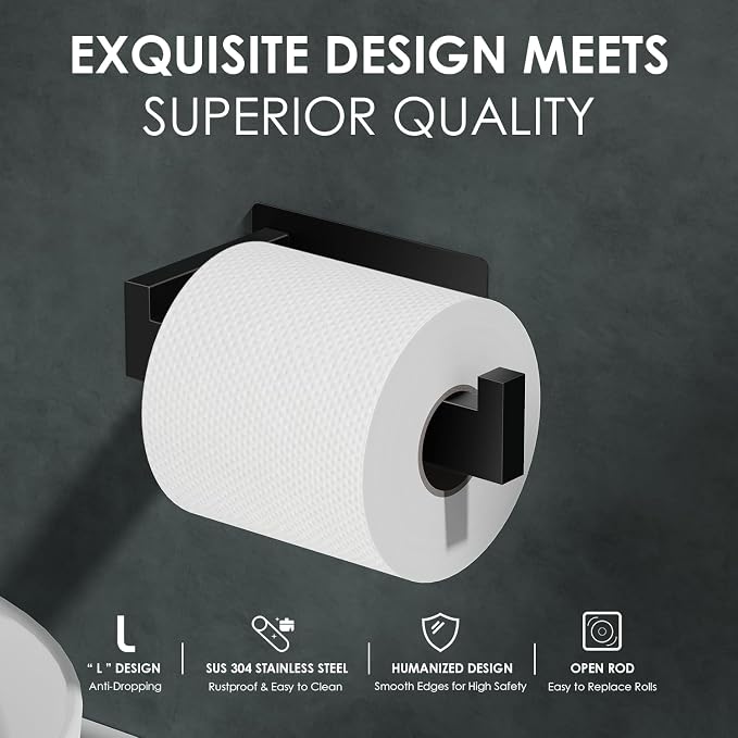Auxmir Matte Black Toilet Paper Holder, Self Adhesive Toilet Roll Holder Wall - Image 3