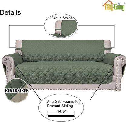 Easy-Going Reversible Loveseat Couch Cover for 2 Cushion Couch Sofa Cover for Dogs Water Resistant Furniture Protector with Foam Sticks Elastic Straps for Pet (Loveseat, Greyish Green/Beige)