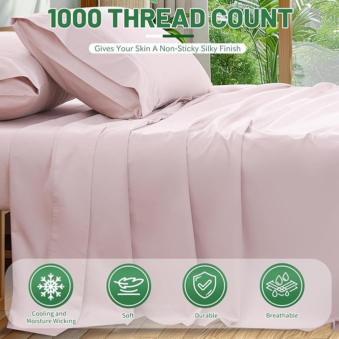 100% Egyptian Cotton Sheets King Size 4PCS 1000 Thread Count Sateen Weave Soft Breathable 16-Inch Deep Pocket （King,Light Pink）