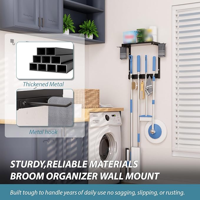 Broom Holder Wall Mount with Cleaning Supplies Organizer, Laundry Room - Image 6