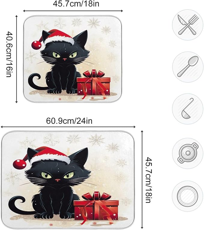 Christmas Dish Drying Mat Kitchen Counter Absorbent Black Cat Coffee Sink Mat - Image 3