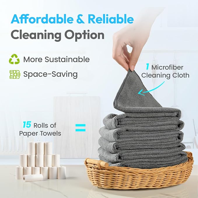 Microfiber Cleaning Cloth 12"X12" 12 Pack Grey Lint Free Microfiber Towels - Image 8