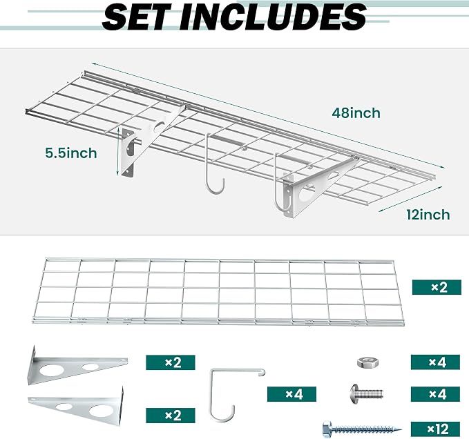 EVERHANGER Garage Wall Shelves, 12 X 48 Inch Wall Mounted Storage Shelves - Image 2