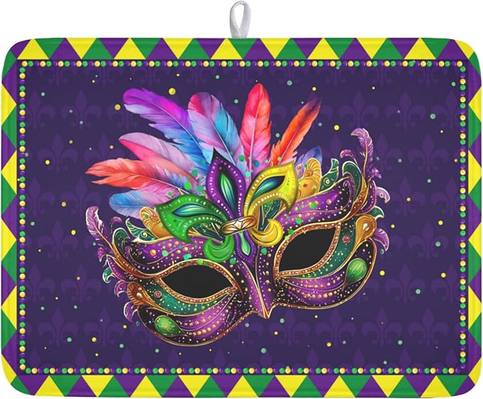 Mardi Gras Dish Drying Mat for Kitchen Counter Masquerade Mask Feather Drying by Wnoesat
