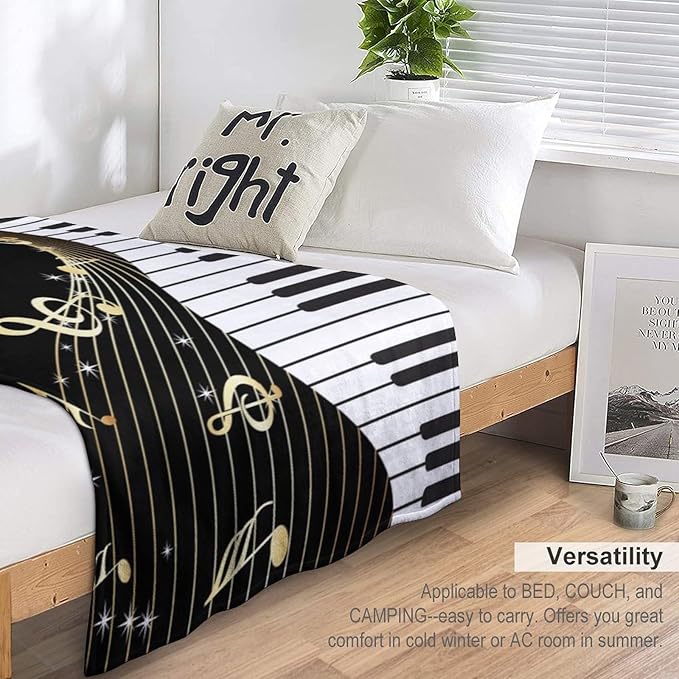 Music Note Blanket Black White Piano Keys Gold Music Note Soft Cozy Lightweight Throw Blanket for Kids Girls Boys Bedroom Living Room Dorm Chair Sofa Travel 60x80in
