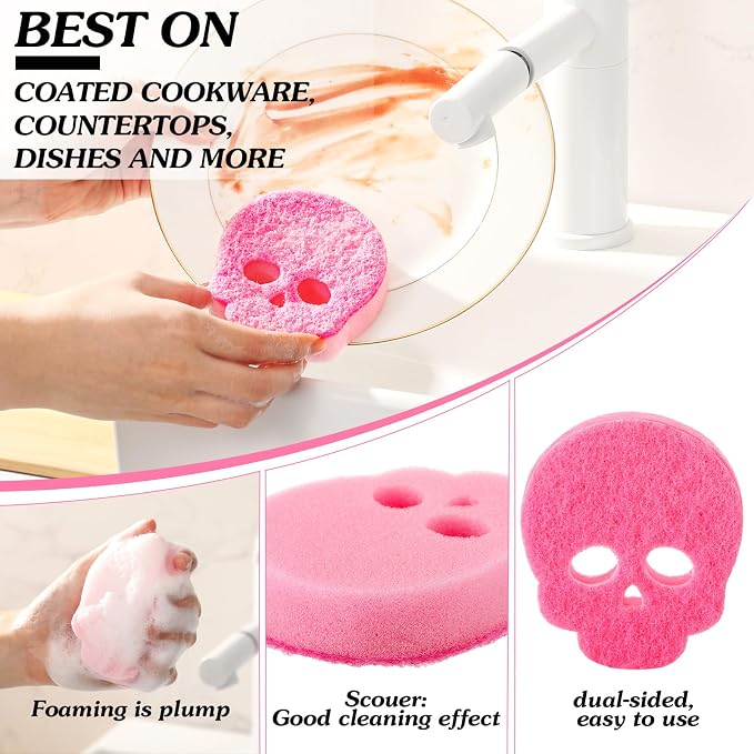 Tioncy 12 Pack Skull Kitchen Sponges Bulk Dual Sided Scrubber Pink Sponges - Image 4