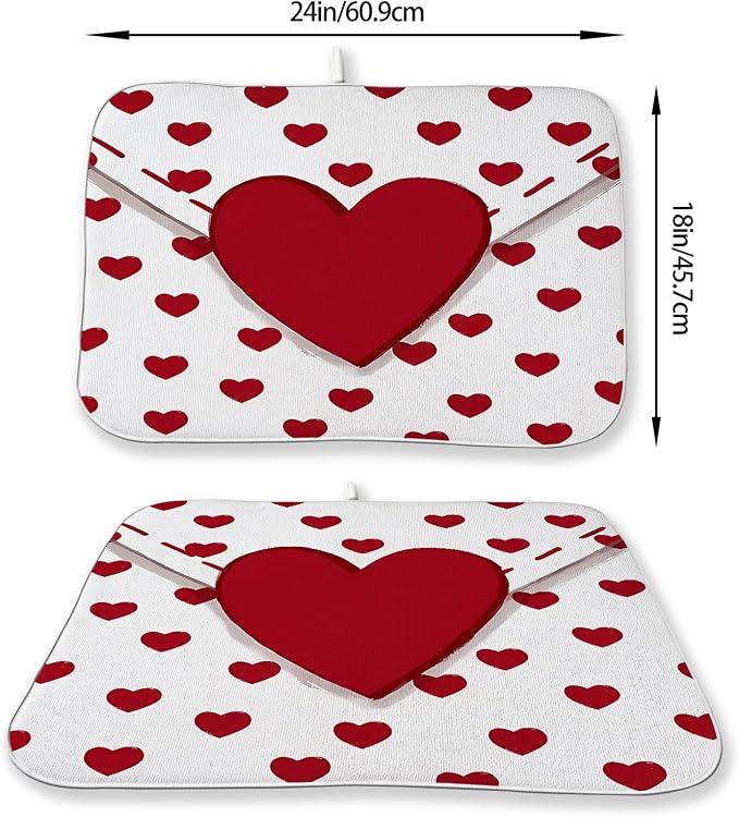 Valentines Dish Drying Mat 18x24 Inch Red Hearts Dish Drainer Protector Pad - Image 3