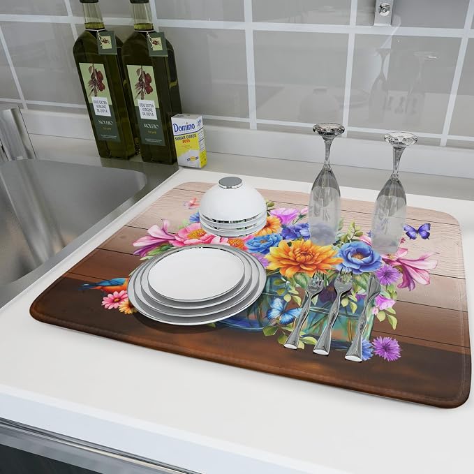 Spring Flowers Dish Drying Mat for Kitchen Counter 18x24in Vintage Plants - Image 6