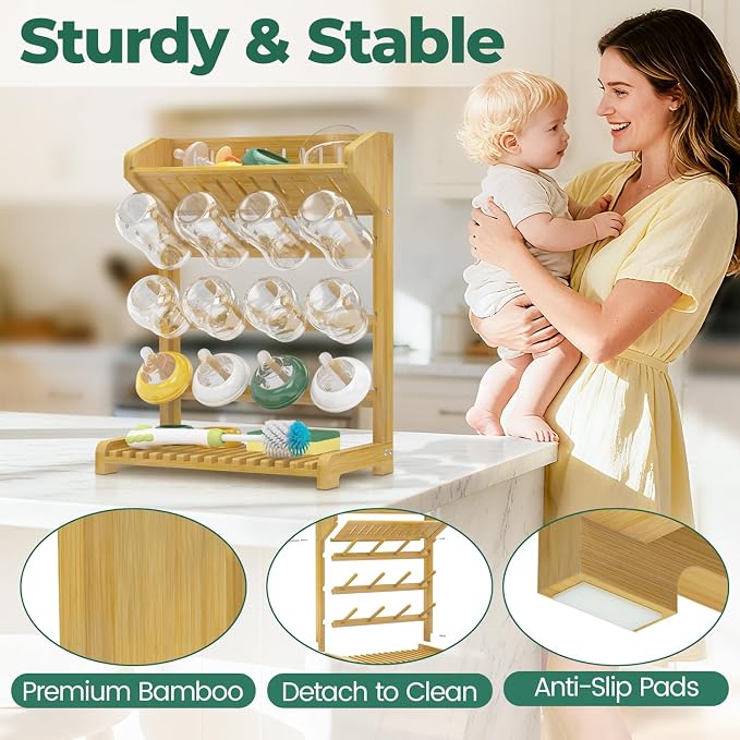 EsLuker.ly Baby Bottle Drying Rack Bamboo Vertical Dryer Holder, Space Saving - Image 5