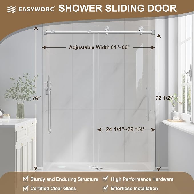 Frameless Glass Shower Door, 61-66" W x 76" H Sliding Frameless Shower Door - Image 2