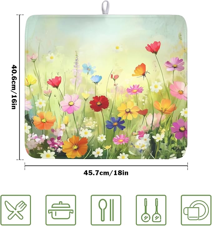 Spring Summer Daisy Dish Drying Mat 16 x 18 Inch Colourful Floral Pattern Dish - Image 2