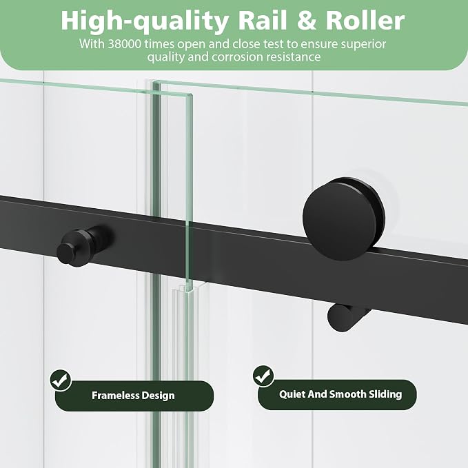 KPUY Frameless Shower Door, 55-60" W x 76" H Sliding Glass Shower Door - Image 3