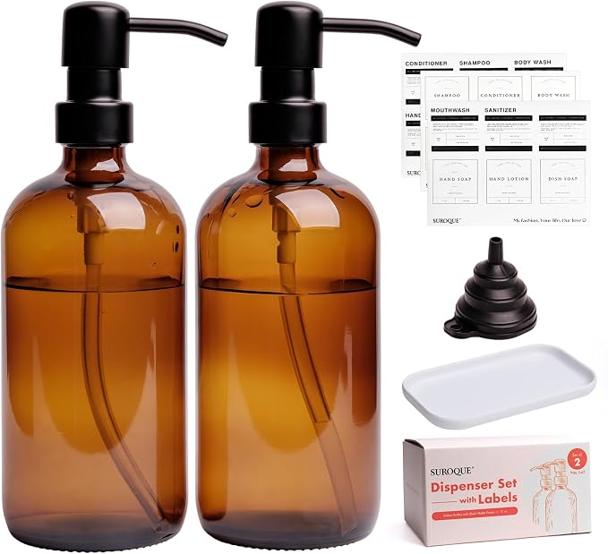 Amber Glass Soap Dispenser, 2 Pack Bathroom Kitchen Soap Dispenser Set by SUROQUE