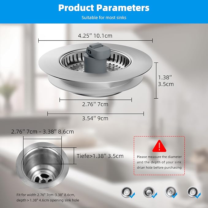 Hibbent 3 in 1 Kitchen Sink Drain Strainer, Stainless Steel Wrapped Shell Drain - Image 7