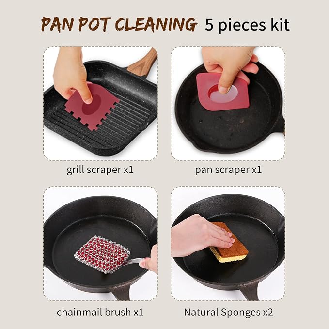 5 Pcs Cast Iron Cleaning Kit Pan Pot Wok Scraper Tool Skillet Sponge Metal - Image 2