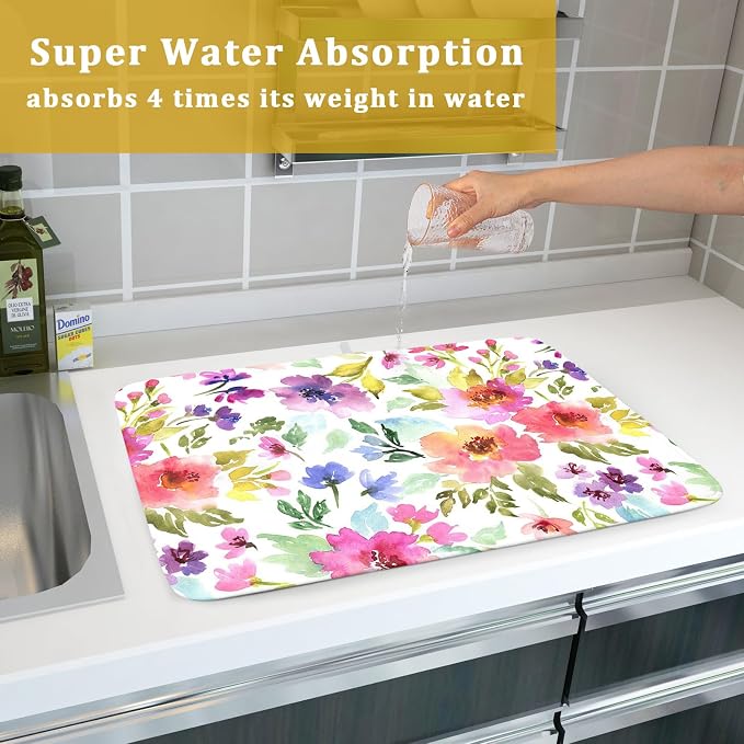 Spring Floral Dish Drying Mat for Kitchen Counter Flower Microfiber Absorbent - Image 7