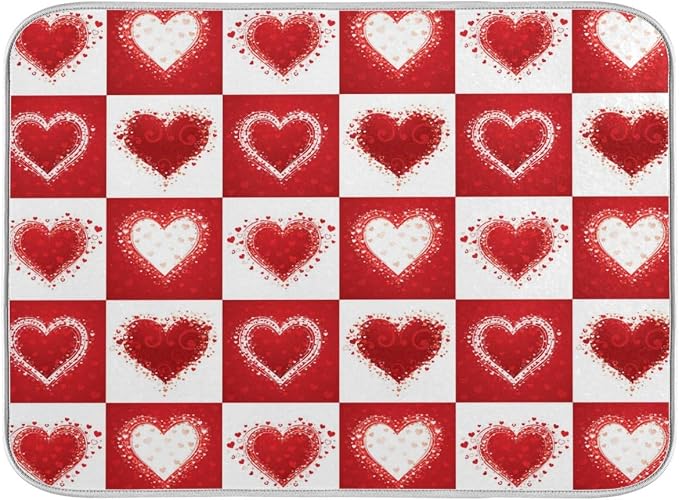 Valentine's Day Love Heart Red Buffalo Plaid Dish Drying Mat 16x18 by Wamika