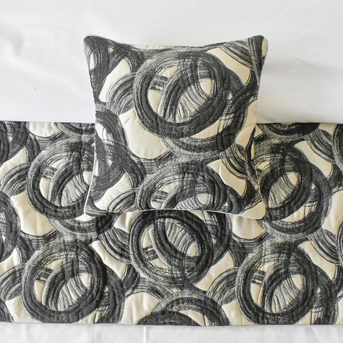 The HomeCentric King/Queen/Twin Black Decorative Twin 53"x18" Bed Runner with Pillow Cover, Circle, Rings, Quilted Bed Scarf on Jacquard Fabric - Circlewise