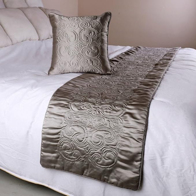 The HomeCentric Decorative Silver Full 68 x 18 inch Bed Runner with 2 Matching Pillow Cover, Satin Quilted Bed Scarf, Abstract Modern - Silver Soft