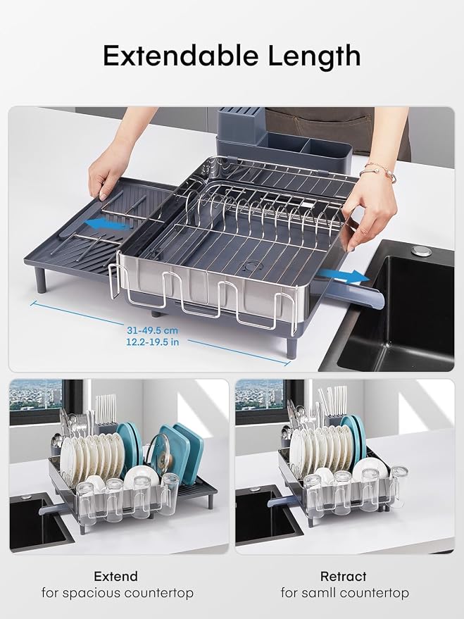 FOHERE Large Dish Drying Rack, Expandable Dish Rack, Stainless Steel Dish Rack - Image 3