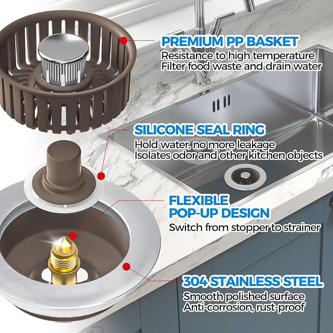 Upgraded 3in1 Kitchen Sink Drain Strainer & Sink Stopper, Stainless Steel - Image 5