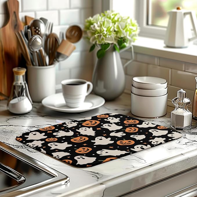 Halloween Dish Drying Mat for Kitchen Counter Pumpkin Spooky Ghosts Fall Dish - Image 6