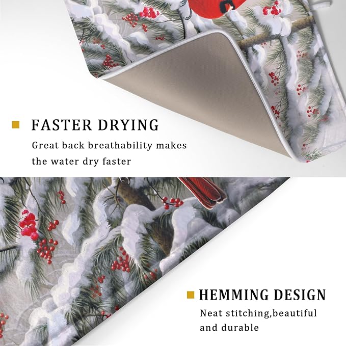 Red Birds Dish Drying Mat Winter Berry Dish Drainer Mats Absorbent Reversible - Image 3