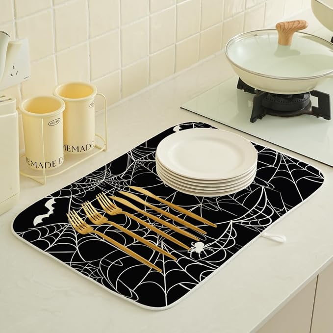 Halloween Dish Drying Mat 18 x 24 Inch Bat Spider Web Drying Mat - Image 2