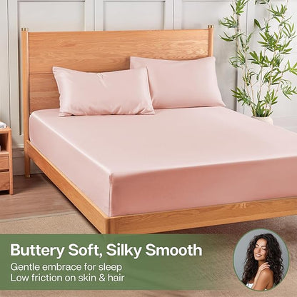 MR&HM California King Fitted Sheet, Ultra-Soft Rayon Derived from Bamboo & Polyester Blend, Silky & Breathable, 15" Deep Pocket with Elastic Straps, Cooling Fitted Sheet for Hot Sleepers, Pink