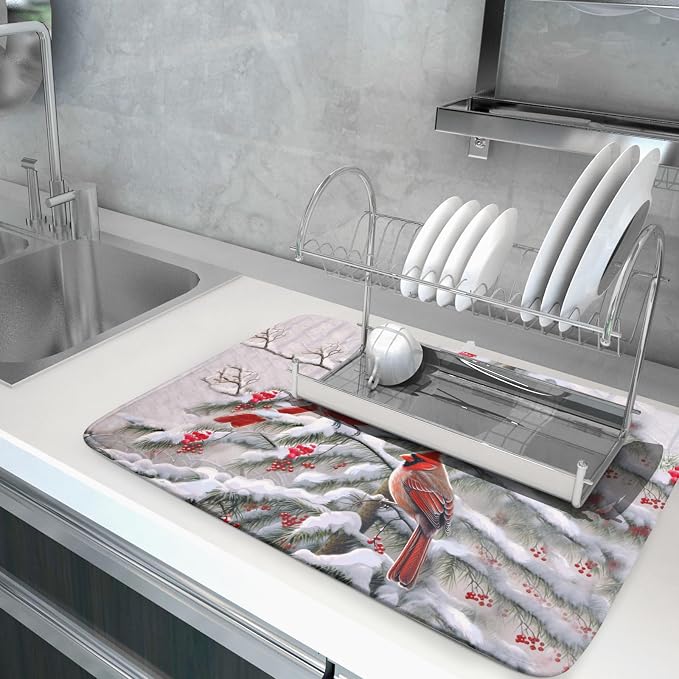 Red Birds Dish Drying Mat Winter Berry Dish Drainer Mats Absorbent Reversible - Image 5