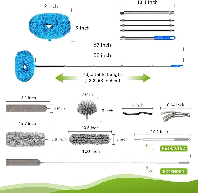 11-in-1 100-Inch Extendable Duster Kit – Reusable Blue Fan Duster, Cobweb Brush - Image 3