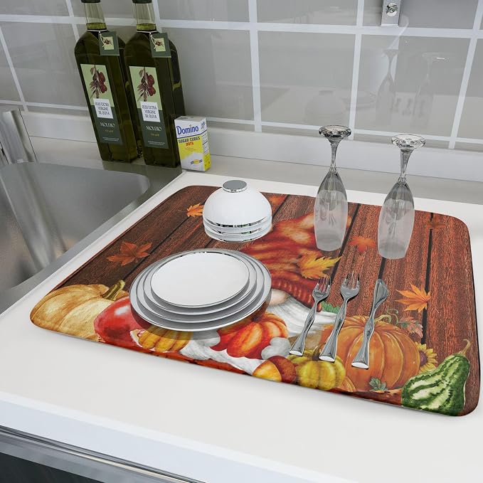 Fall Gnome Dish Drying Mat for Kitchen Counter, Autumn Pumpkin Maple Leaves - Image 6
