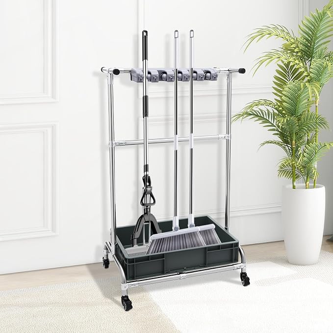Broom and Mop Holder Put Wet Mops Movable Floor-Mounted Mop Rack Floor Standing - Image 4