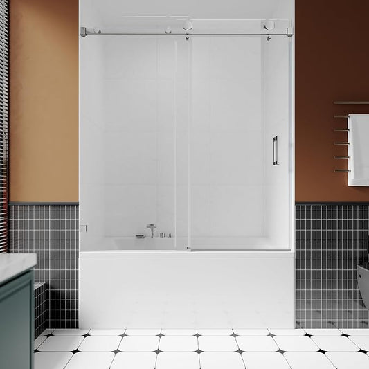 3/8" Sliding Glass Shower Door for Bathtub, 56-60" W x 66" H Frameless Bathroom by UNIKOOSHOWERDOOR