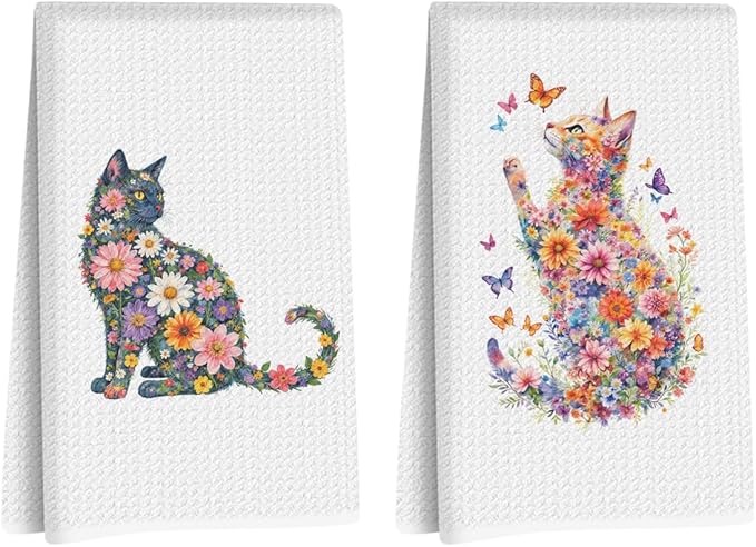 Hanamiya Na 2 Pcs Flower Cat Kitchen Towels, Floral Cat Hand Towel by Hanamiya+Na