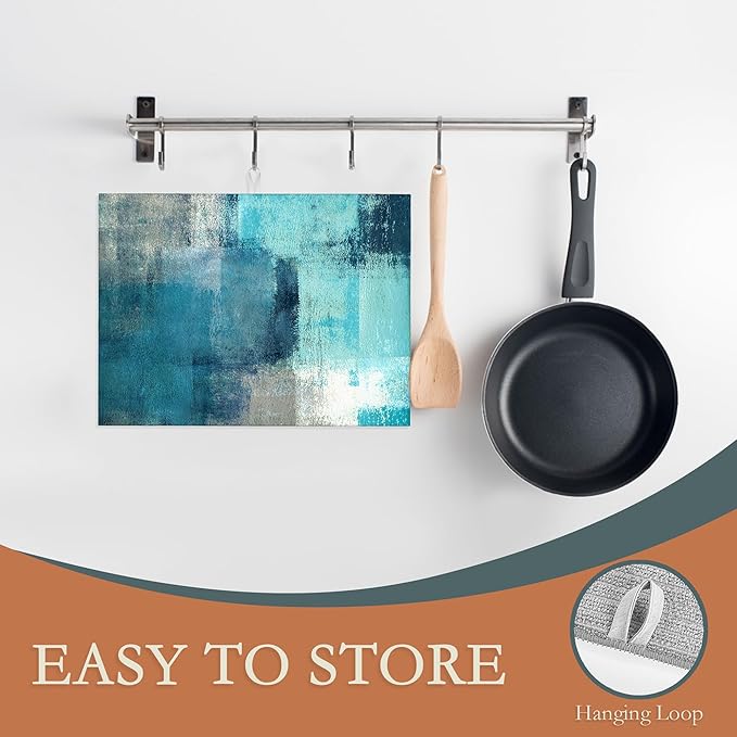 Teal Grey Abstract Art Dish Drying Mat, Drying Rack Pad Countertop Dishes Ultra - Image 3
