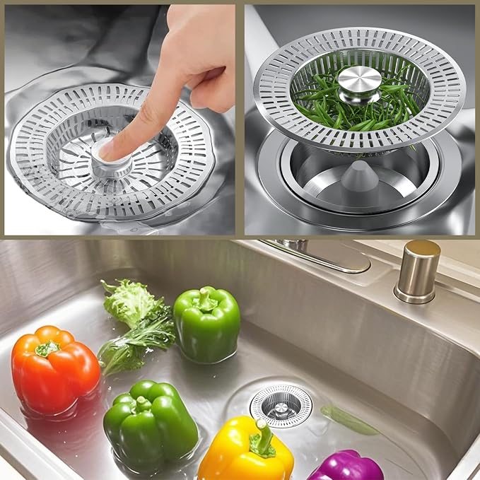 3 in 1 Kitchen Sink Drain Strainer, Universal Stainless Steel Kitchen Sink - Image 2