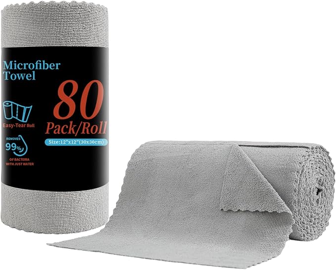 80 Pack Microfiber Cleaning Cloth Roll, Lint Free Rags & Tear Away Reusable by Tigona