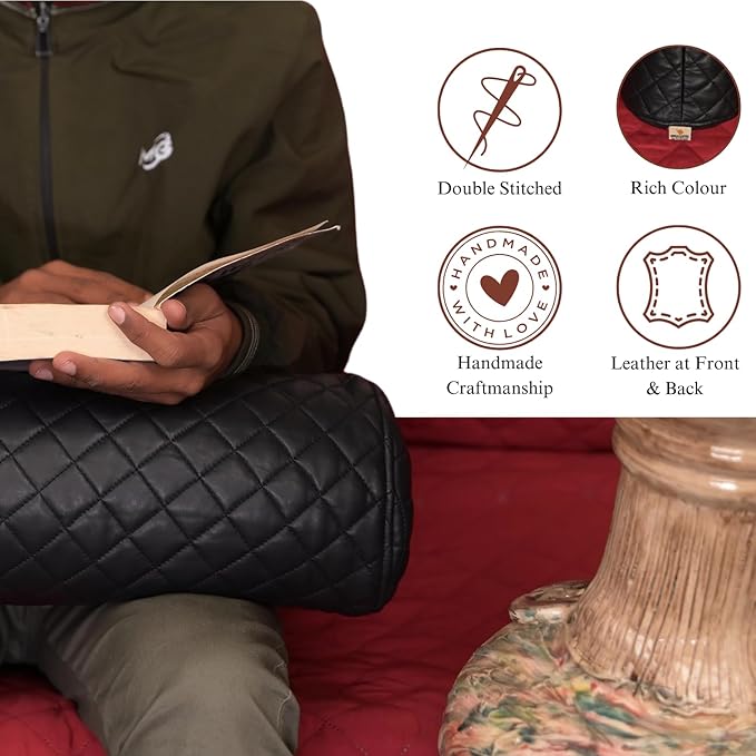 Neck Roll Pillow Cushion Cover, 16x6 Inch Full Moon Round Bolster Pillow Case, Cylinder Soft Lambskin Leather Pillowcase for Head, Spine & Neck Support During Sleep - Quilted Black Pack of 1