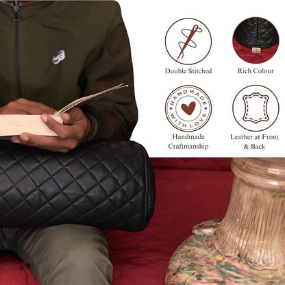 Neck Roll Pillow Cushion Cover, 16x6 Inch Full Moon Round Bolster Pillow Case, Cylinder Soft Lambskin Leather Pillowcase for Head, Spine & Neck Support During Sleep - Quilted Black Pack of 1
