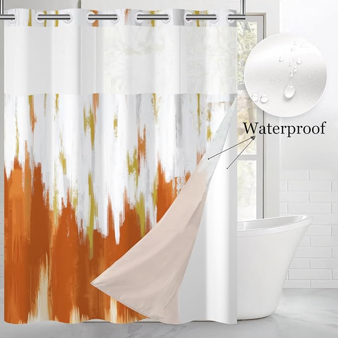 No Hook Shower Curtain with Snap in Liner, Hotel Style Burnt Orange White Gold - Image 2