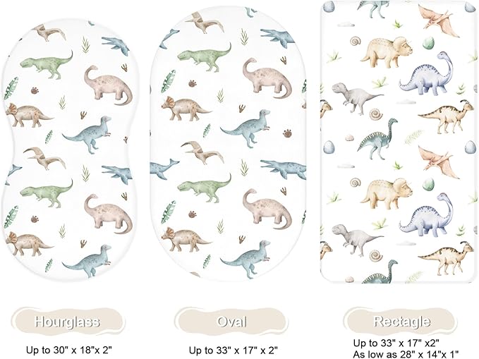 Bassinet Sheets for Baby Girls Boys 2 Pack, Fitted Baby Mattress Sheet for Rectangle, Oval, Hourglass Bassinet Mattress, Breathable Cozy & Universal Fit (Dino Pals)