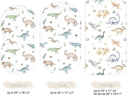 Bassinet Sheets for Baby Girls Boys 2 Pack, Fitted Baby Mattress Sheet for Rectangle, Oval, Hourglass Bassinet Mattress, Breathable Cozy & Universal Fit (Dino Pals)