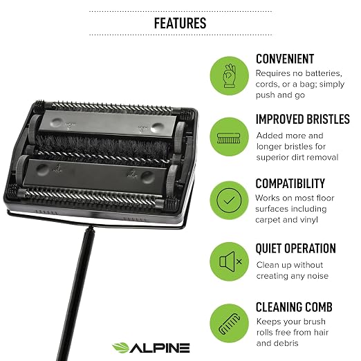 Alpine Manual Carpet Sweeper Triple Brush – Cordless Non Electric Multi-Surface - Image 3