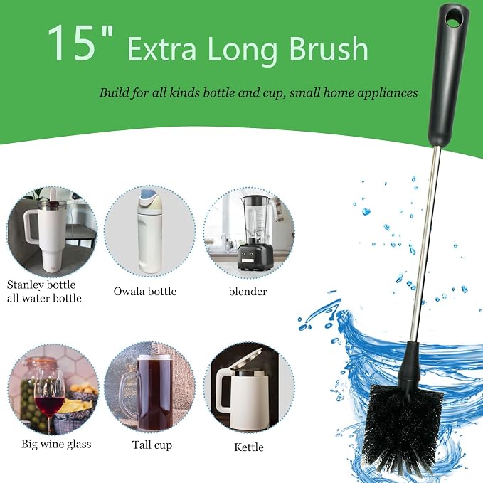 3 Pack Bottle Brush, 15 Inches Long Handle Water Bottle Cleaner Brush Set - Image 3