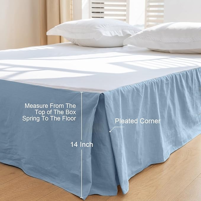 BISELINA French Linen Bed Skirt with Pleated Corner 14-Inch Tailored Drop Natural Flax Cotton Blend Basic Dust Ruffle Soft Cozy Farmhouse Bedding (14" King, Basic Dusty Blue)