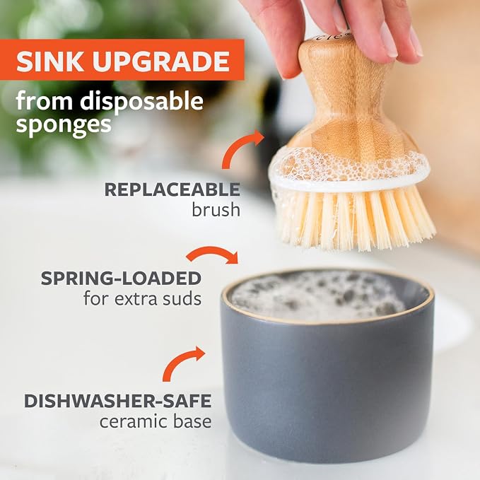 Full Circle Bubble Up Bamboo Dish Brush & Ceramic Soap Dispenser – Family Safe - Image 6