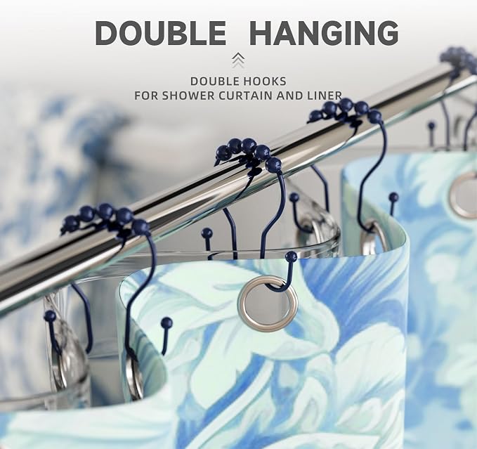 Shower Curtain Hooks, Shower Curtain Rings Rust Proof Navy Blue Double Hook - Image 6