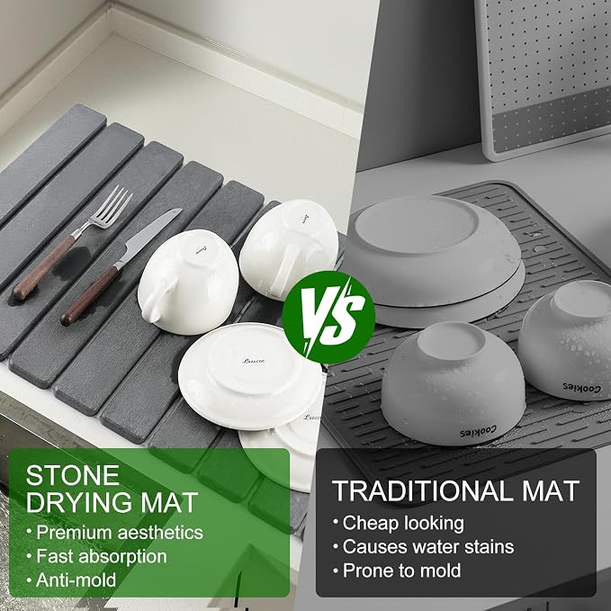 Stone Dish Drying Mat for Kitchen Counter | Diatomaceous Earth Water Absorbing - Image 8