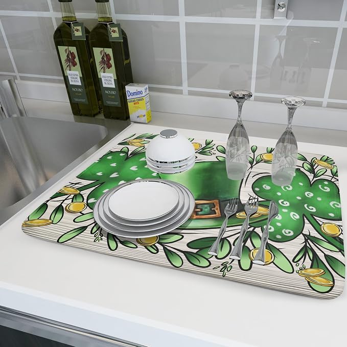 St Patrick's Day Shamrock Dish Drying Mat 18x24 inch Eucalyptus Leaves Dishes - Image 6